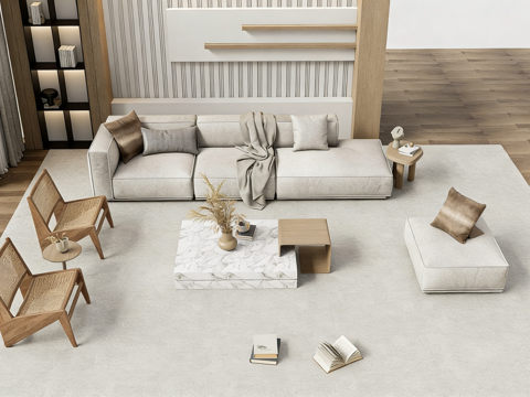 现代简约浅灰色棉麻L型转角沙发 L型沙发 藤编椅 大理石茶几su模型su模型