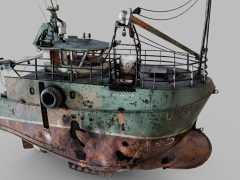  破损的拖网渔船3d模型 