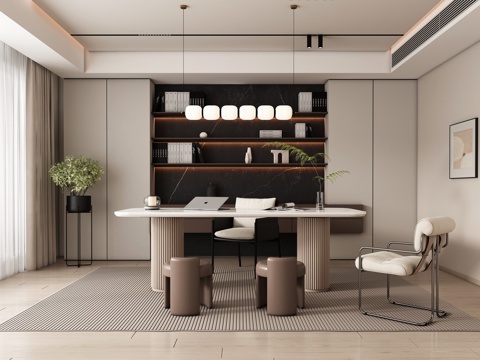 现代简约书房  书柜 书桌椅 办公桌su模型