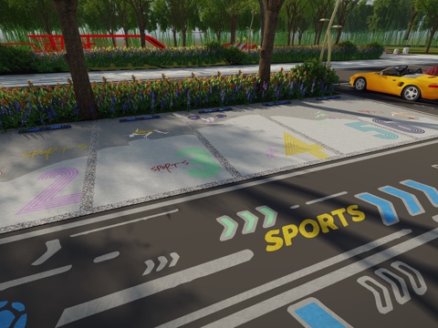 现代户外生态停车场运动涂鸦地面画线铺地体育公园停车场运动创意su模型