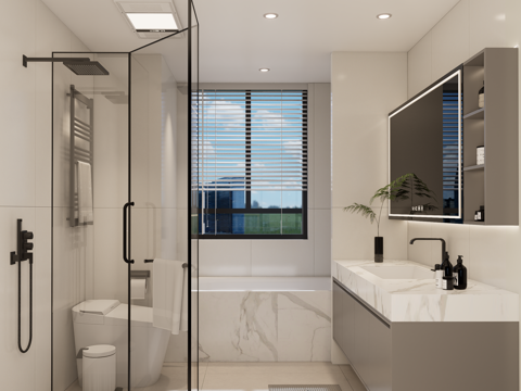 现代卫生间 浴缸 淋浴房su模型