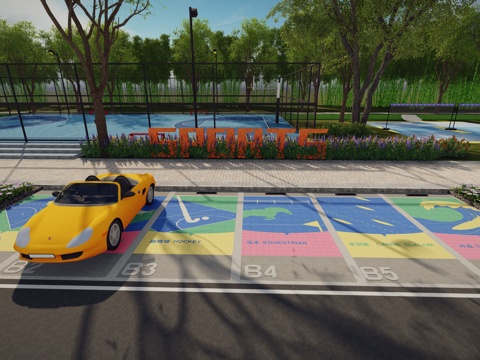 现代户外生态停车场运动涂鸦地面画线铺地体育公园停车场运动创意su模型