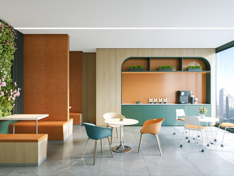  现代办公茶水间 卡座沙发 饮水机 洽谈桌椅组合 杯子 吧台3d模型 