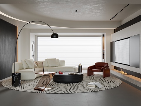 现代意式客厅 沙发茶几 电视背景墙 多人沙发 休闲椅 落地灯su模型