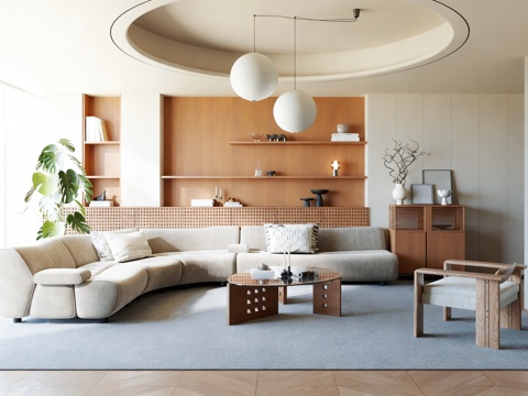  现代中古客厅 沙发茶几组合 休闲椅 吊灯 装饰柜3d模型 