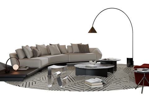  现代意式沙发茶几组合 弧形沙发 皮质沙发 休闲椅 地毯3d模型 