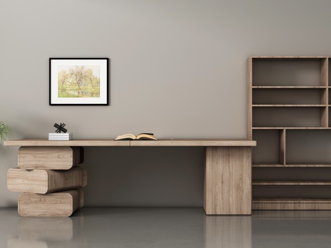 原木风书桌组合 书架 博古架su模型