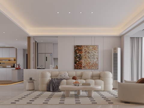  现代奶油客餐厅3d模型 