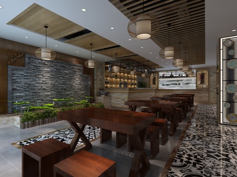  新中式餐厅 餐桌椅3d模型 