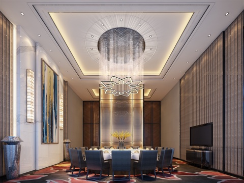  新中式餐厅包厢 水晶吊灯 餐桌椅组合 花瓶摆件 壁灯3d模型 