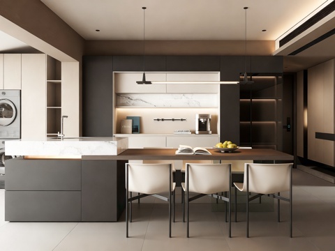  现代餐厅 岛台餐厅 餐桌椅 餐边柜 边柜 吊灯 摆件3d模型 