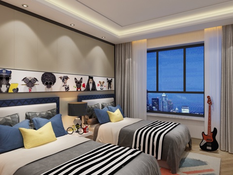  现代儿童房 男孩房 吉他 北欧床头画3d模型 