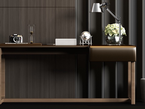  现代实木皮革书桌文具饰品组合3d模型 