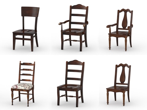  美式实木休闲椅餐椅组合3d模型 