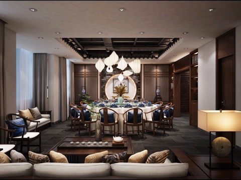 餐厅包间 新中式包间 酒店包间 中式餐桌3d模型 