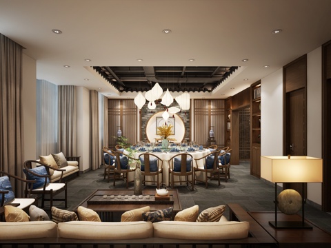  新中式餐厅 餐桌 餐椅 主题餐厅 饭店 包厢 包间3d模型 