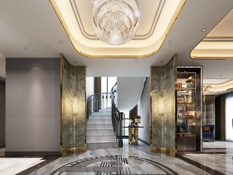  现代玄关楼梯 吊灯 旋转楼梯3d模型 