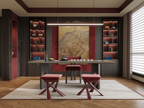 现代茶室 茶桌椅 茶柜su模型