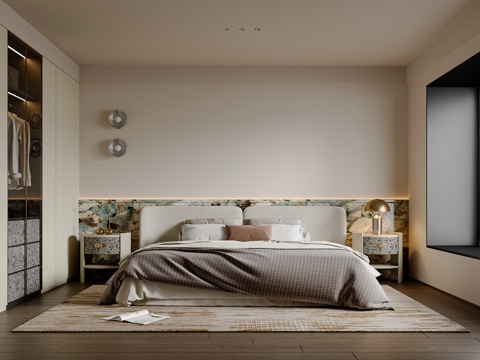  现代轻奢卧室 轻奢双人床  简约双人床  衣柜 现代家居卧室3d模型 