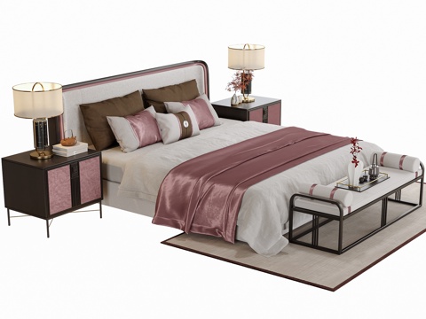  新中式双人床 床尾凳3d模型 