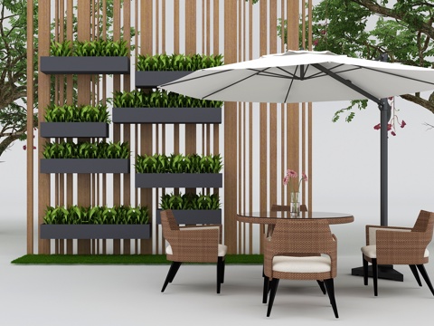  新中式户外休闲椅 遮阳伞 绿植隔断3d模型 