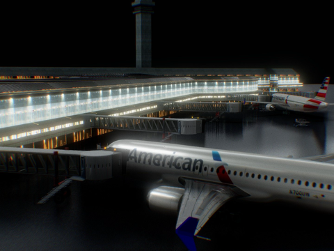  低多边形机场与飞机、地面车辆3d模型 