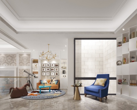  简欧儿童娱乐区 单人沙发  小茶几 玩具 望眼镜 书柜3d模型 