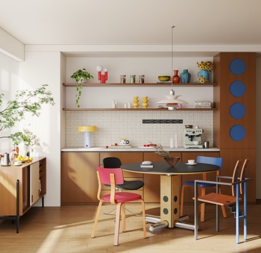  现代包豪斯餐厅 多巴胺餐厅 中古风圆餐桌椅3d模型 