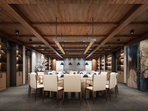  新中式餐厅 餐桌 餐椅 主题餐厅 饭店 包厢 包间3d模型 