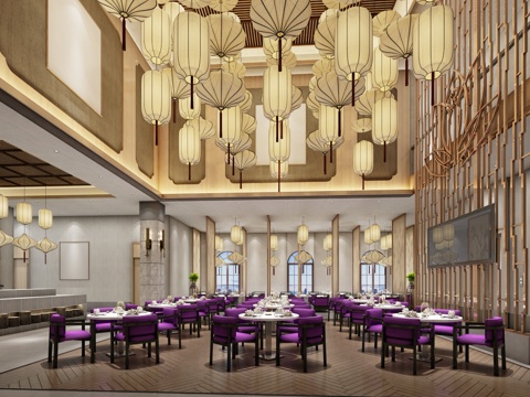  新中式餐厅 餐桌 餐椅 主题餐厅 饭店3d模型 