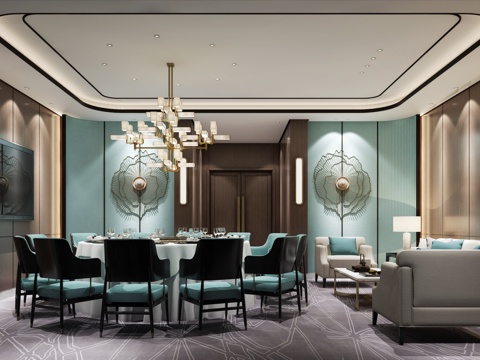  新中式餐厅 餐桌 餐椅 主题餐厅 饭店3d模型 