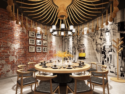  现代工业风餐厅3d模型 