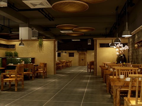  新中式民俗中餐厅 餐桌椅 吊灯3d模型 