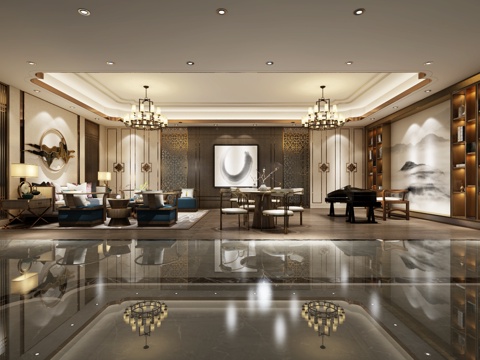  新中式餐厅 餐桌 餐椅 主题餐厅 饭店 包厢 包间3d模型 