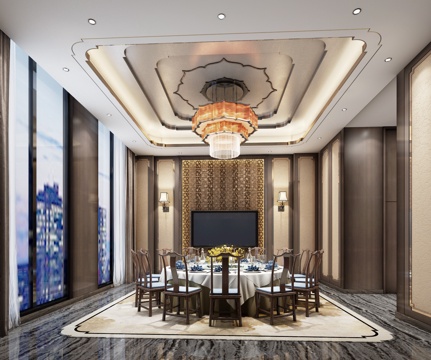  新中式餐厅 餐桌 餐椅 主题餐厅 饭店 包厢 包间3d模型 