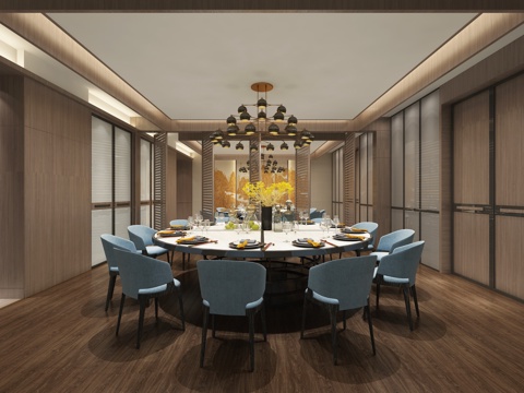  新中式 餐厅 包间 餐桌椅 吊灯 花 餐具 壁画3d模型 