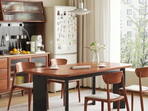  现代中古风餐桌椅 条桌椅 实木餐桌椅3d模型 