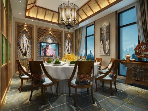  新中式餐厅 餐桌 餐椅 主题餐厅 饭店 包厢 包间3d模型 