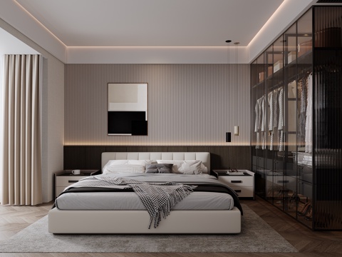  现代黑白灰卧室3d模型 