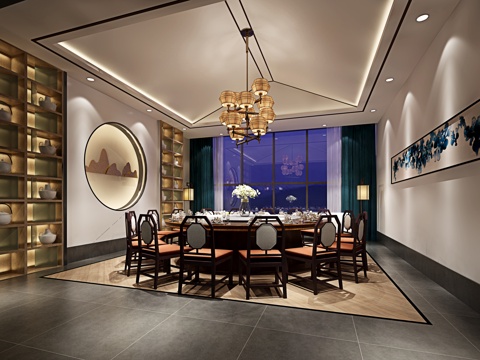  新中式包房 吊灯 餐桌椅3d模型 