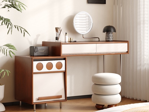  中古风梳妆台 实木梳妆台 妆凳3d模型 