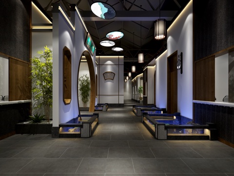  新中式餐厅走道3d模型 