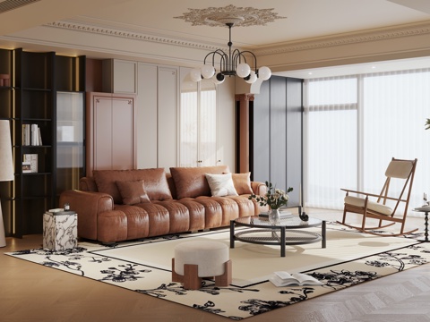  法式中古家居客厅 横厅 大平层 法式奶油风客厅3d模型 