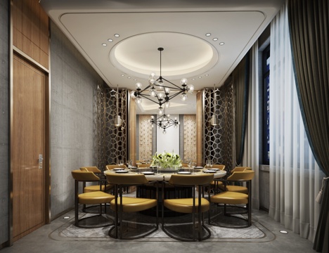  新中式餐厅 餐桌 餐椅 主题餐厅 饭店 包厢 包间3d模型 