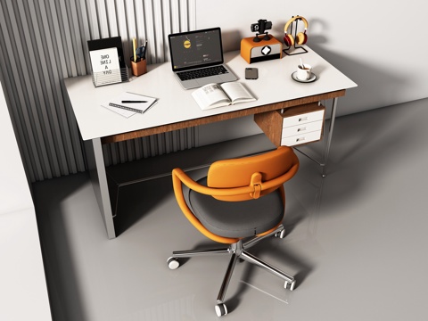  现代简约书桌椅 书桌  办公桌椅 摆件组合3d模型 