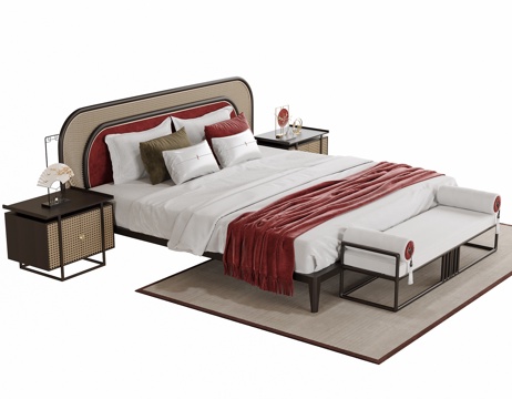 新中式双人床 床尾凳su模型