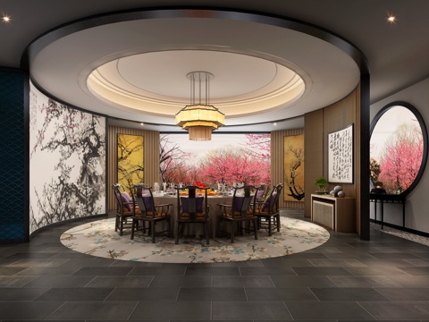  新中式包间 酒店包间 新中式餐桌3d模型 