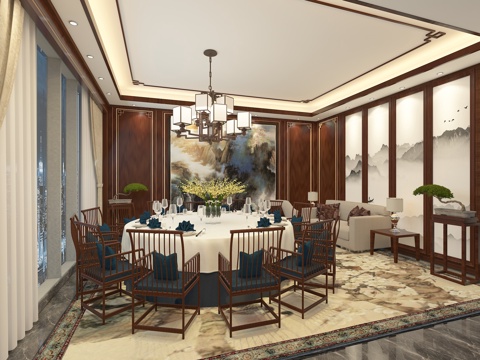  中式餐厅 餐桌 餐椅 挂灯3d模型 