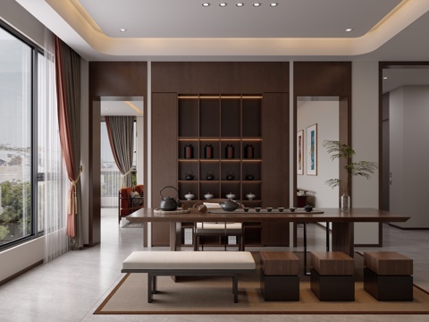  新中式原木风茶室3d模型 