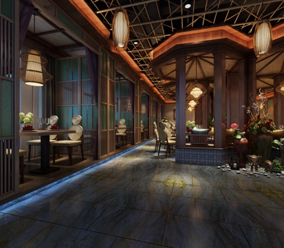  新中式餐厅 主题餐厅 餐桌 餐椅 饭店3d模型 